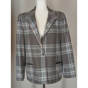 Vintage Tan Jay Women's Blazer Jacket Size 12 Gray Blue Plaid Wool Blend Lined